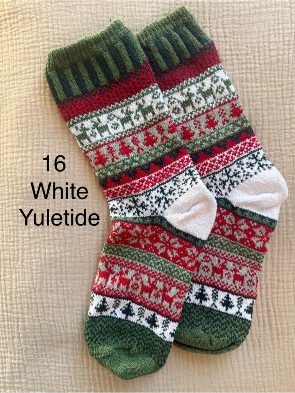 Solmate Socks Festive Fair Isle Crew Socks in White, Green & Red